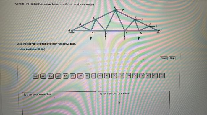 Consider the loaded truss shown below. identify the zero-force members